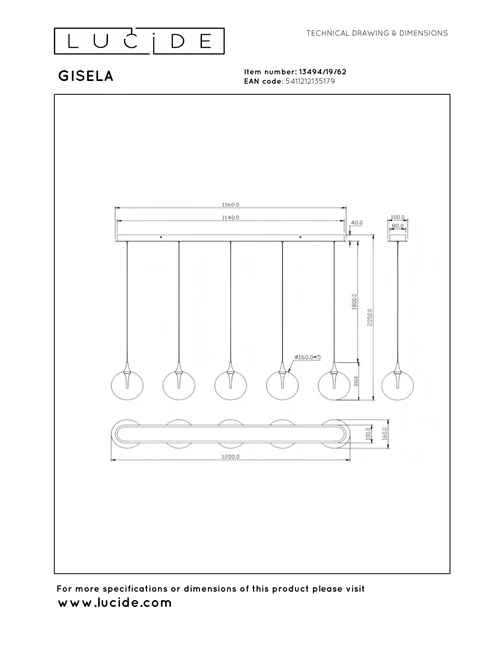 Lucide GISELA - Pendant light - LED Dim. - 5x4W 2700K - With replaceable LED module - Amber - Premium - technical